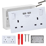 USB Electrical 2 Gang Twin Double Switched Wall Socket 25mm Surface Pattress Box