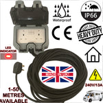 Christmas Lights Outdoor Extension Lead IP66 2 Socket 5m to 25m 2 Gang 13A